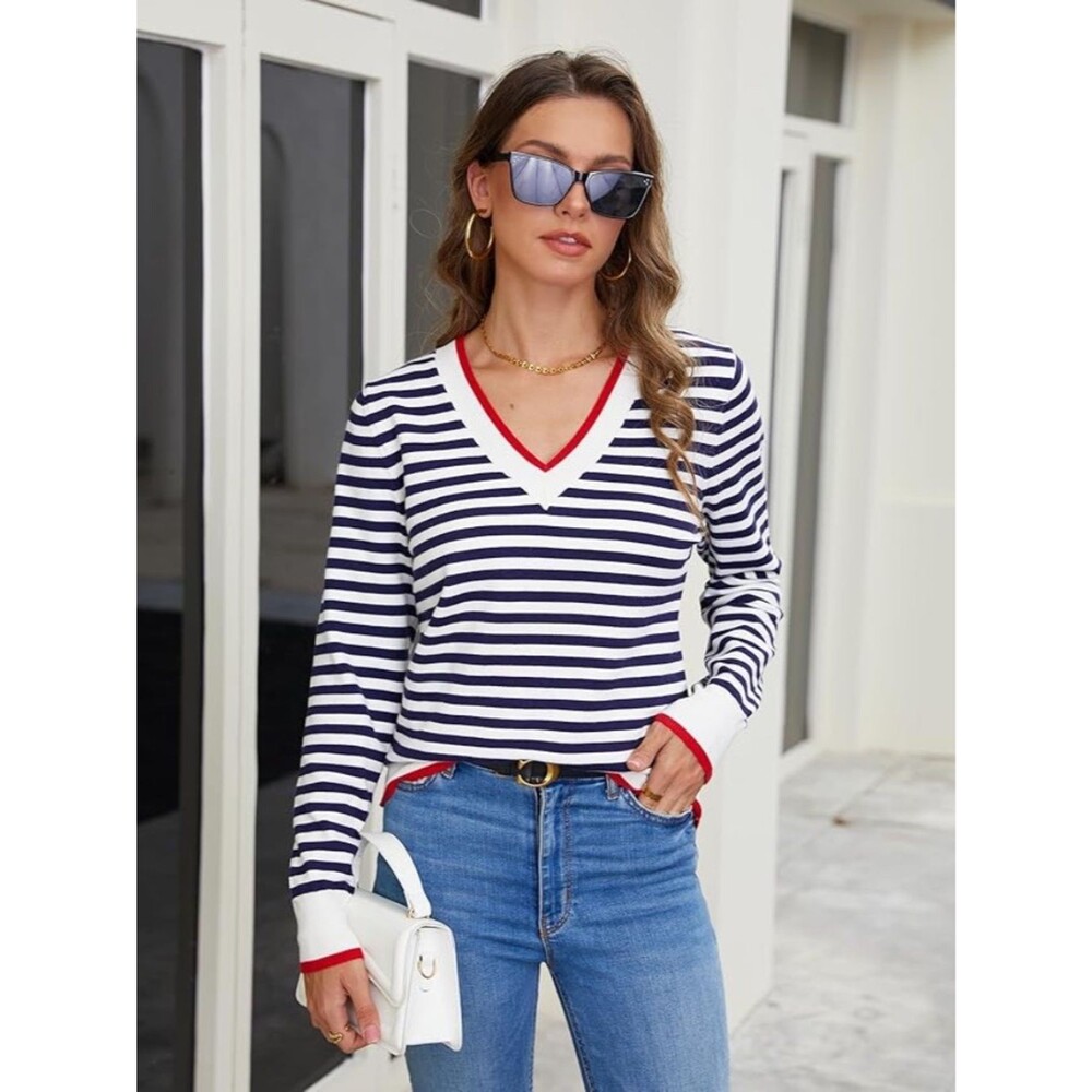 Blooming Jelly Striped V-Neck Sweater Navy White Red Trim Long Sleeve Size XL